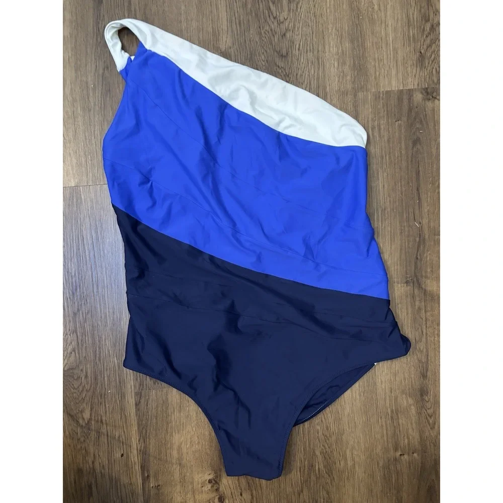 SUMMERSALT Blue Stripe Sidestroke One Piece‎ Bathing Suit 16 Swim Modest